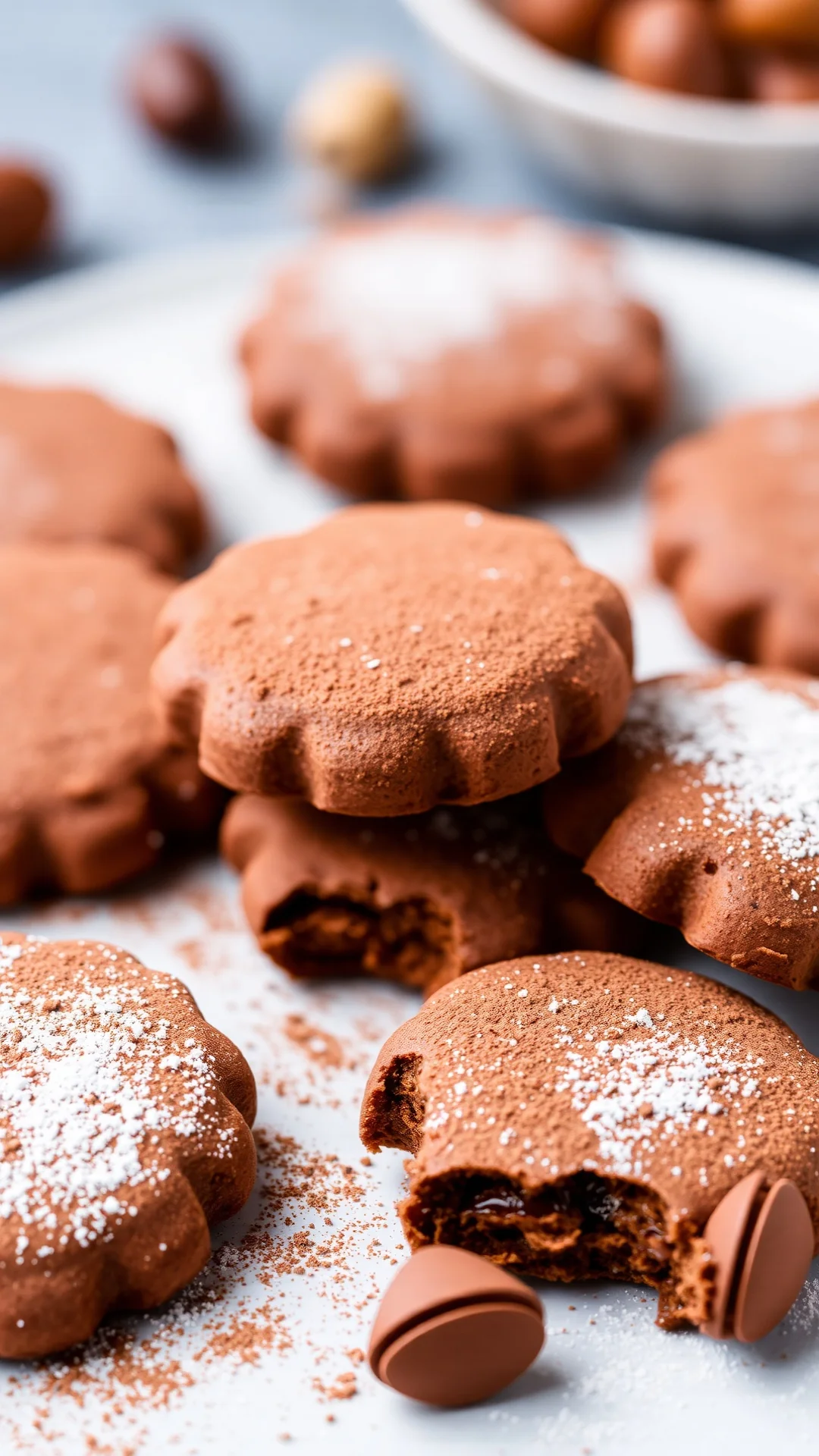 Detailed macro shot of chocolate hazelnut shortbread biscuits with cocoa powder dusting, premium photography, elegant present