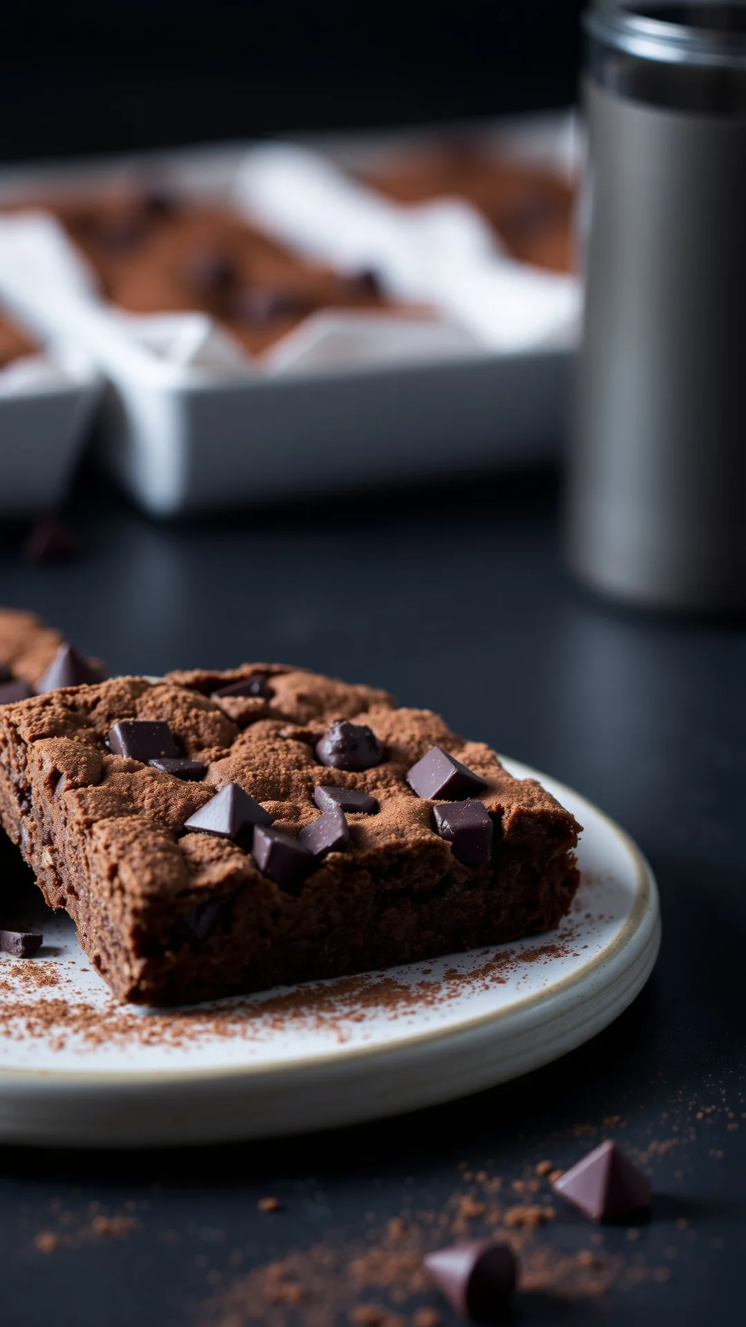 Double chocolate shortbread with dark chocolate chunks and cocoa powder, rich decadent texture, studio lighting on dark surfa