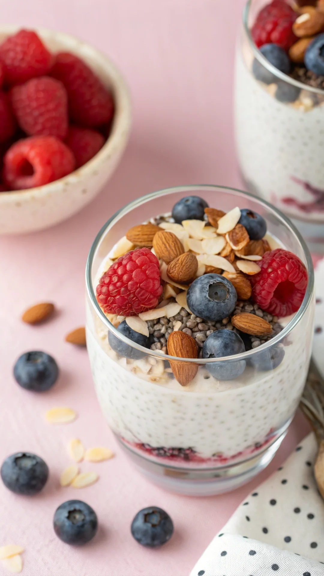Elegant verrine of white chia pudding topped with fresh raspberries blueberries and toasted almond flakes, pastel background,