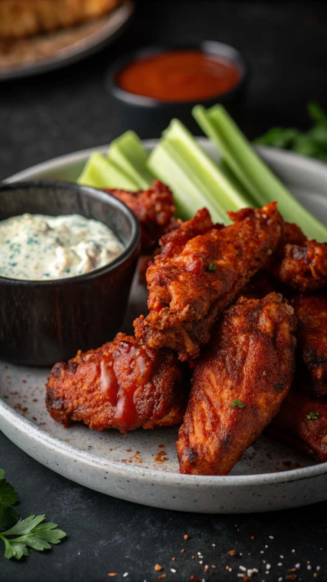 Extreme close-up portrait of crispy buffalo chicken wings coated in spicy red sauce, grilled charred texture, blue cheese dip
