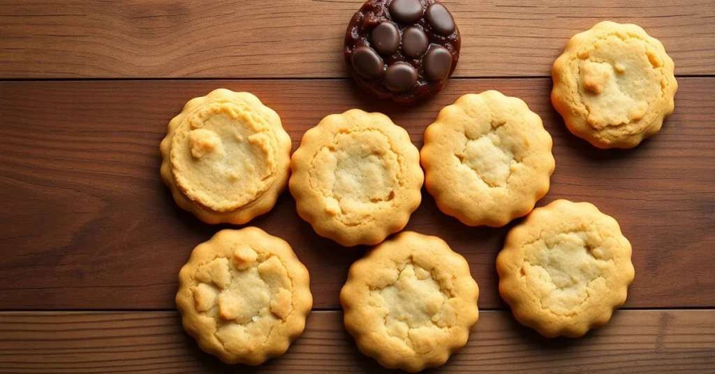 flat lay overhead food photography seven varieties homemade shortbread cookies arranged beautifully wooden table natural ligh