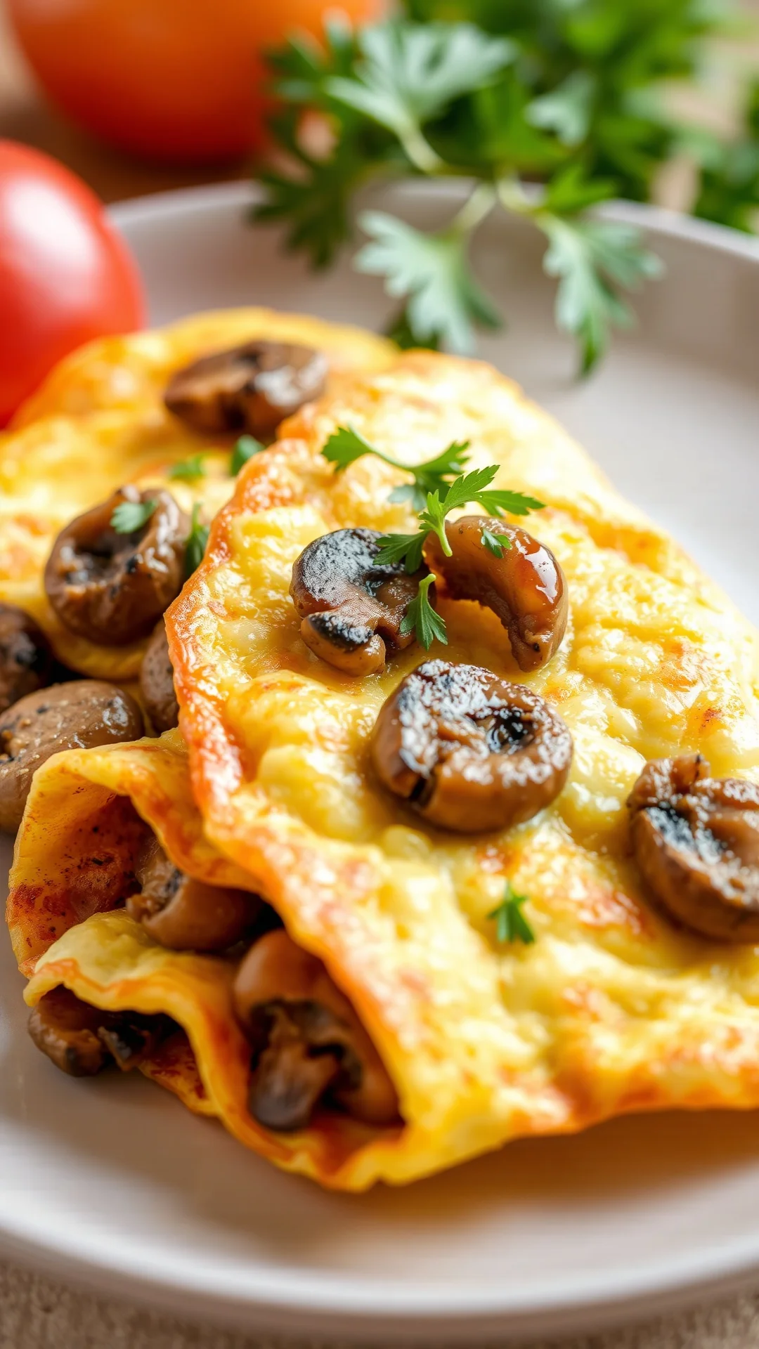 Fluffy omelette with mushrooms and potatoes, golden brown, folded perfectly, fresh herbs on top, natural daylight, elegant pl
