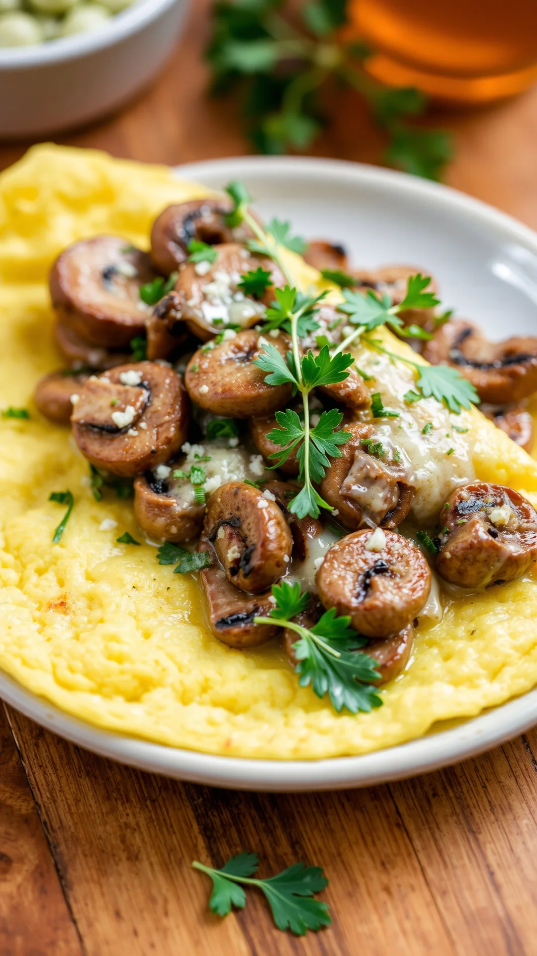 Fluffy vegetarian omelet filled with sautéed mushrooms melted cheese fresh herbs garnish delicious breakfast