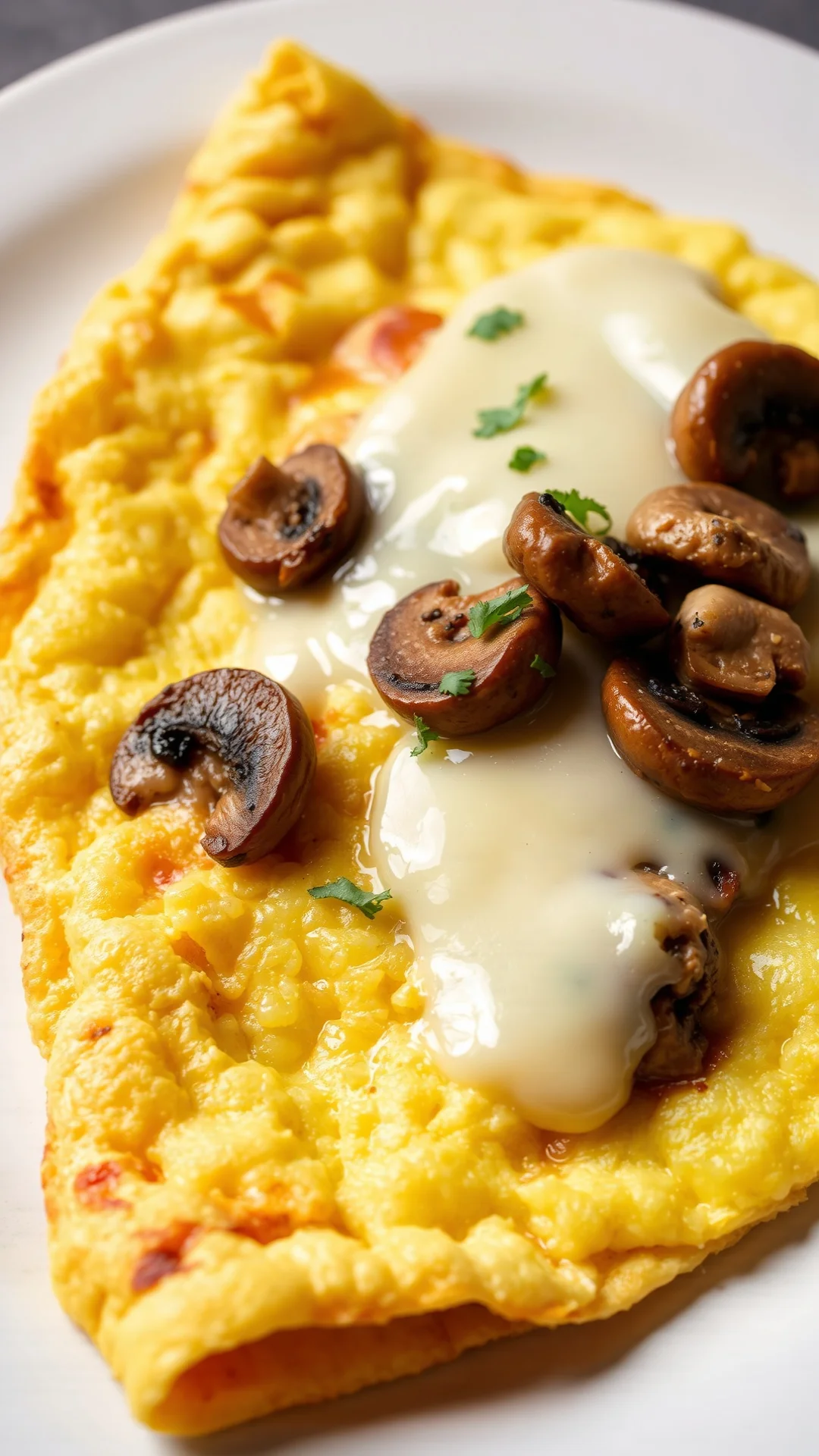 Fluffy vegetarian omelette with melted cheese and mushrooms, golden brown, appetizing, studio lighting, high angle