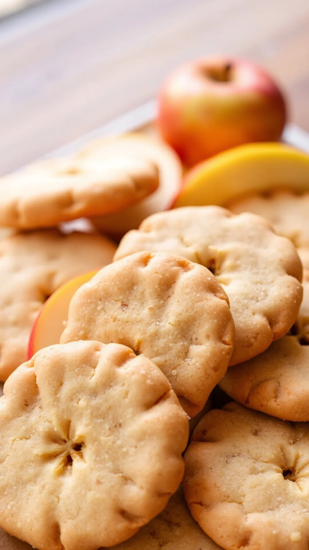 Fresh apple cinnamon shortbread cookies arranged beautifully, close-up with apple slices, warm natural lighting, pastry shop