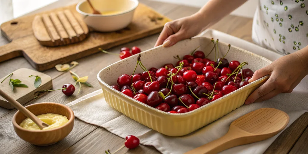 Fresh cherries being arranged in a buttered ceramic baking dish, hands gently placing the bright red cherries, vintage French