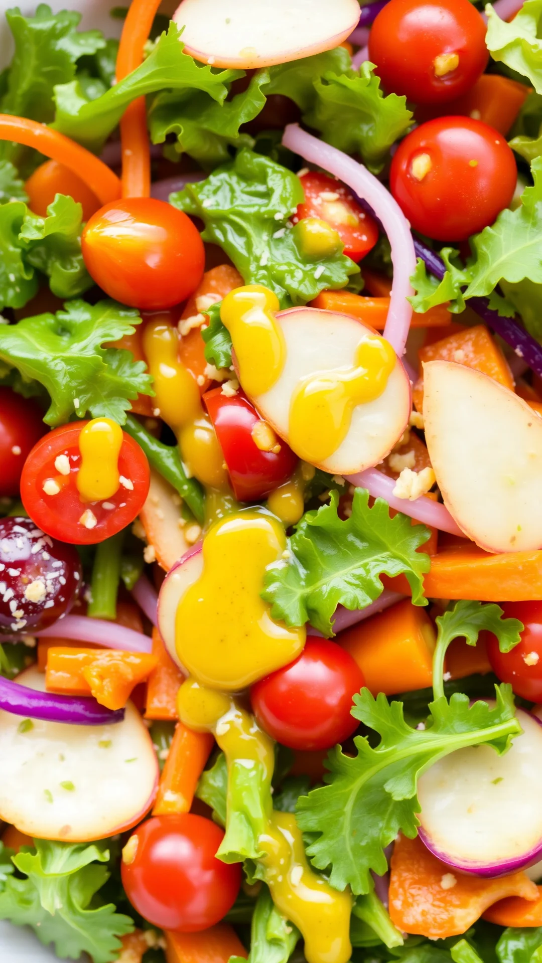 Fresh colorful salad with mixed vegetables, cherry tomatoes, carrots, drizzled with honey mustard dressing, appetizing presen