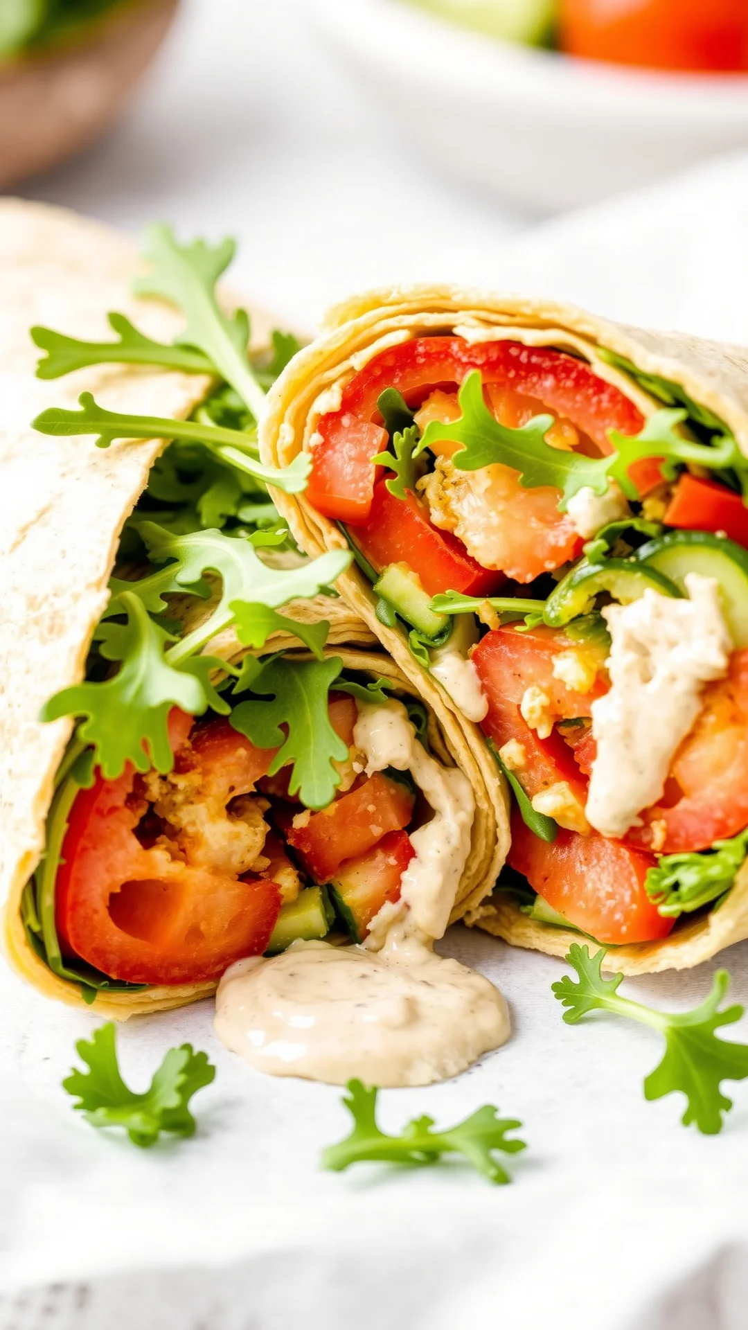 Fresh colorful veggie wrap with tahini sauce, arugula, cucumber sticks, tomato slices, cut in half showing cross-section, Med