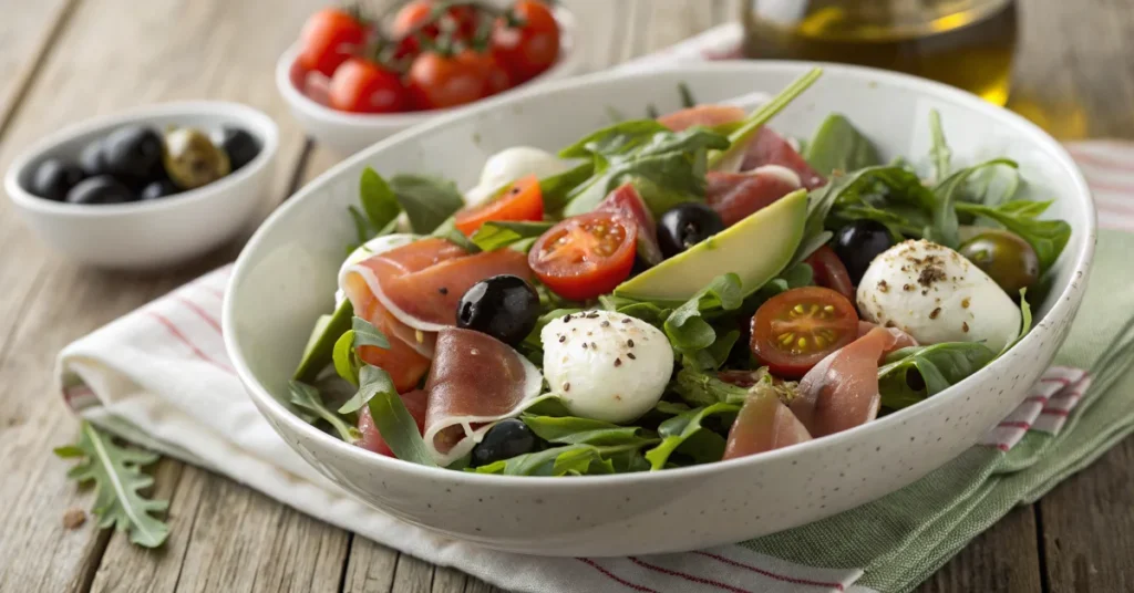 Fresh Mediterranean salad with arugula, cherry tomatoes, mozzarella, prosciutto, avocado, and olives in a white bowl on rusti