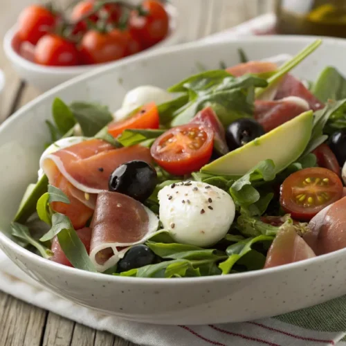 Fresh Mediterranean salad with arugula, cherry tomatoes, mozzarella, prosciutto, avocado, and olives in a white bowl on rusti