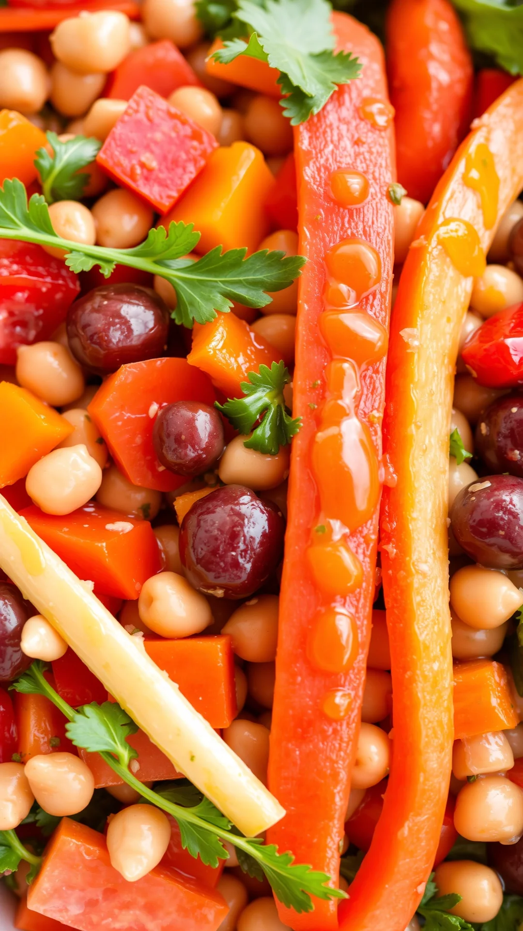 Fresh raw vegetable salad with fava beans carrots tomatoes, olive oil drizzle, vibrant colors, healthy food, natural sunlight