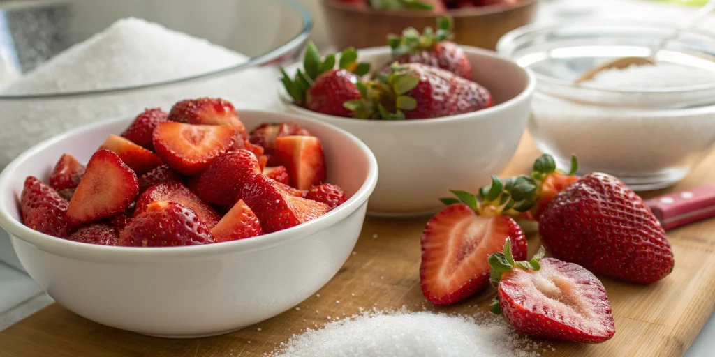 Fresh ripe strawberries being prepared for jam making, some hulled and cut, in a white bowl with sugar crystals visible, kitc
