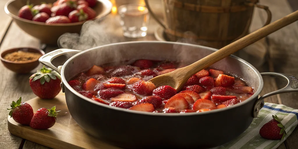 Fresh strawberries being cooked in a large saucepan with natural apple compote, bubbling jam mixture, wooden spoon stirring,
