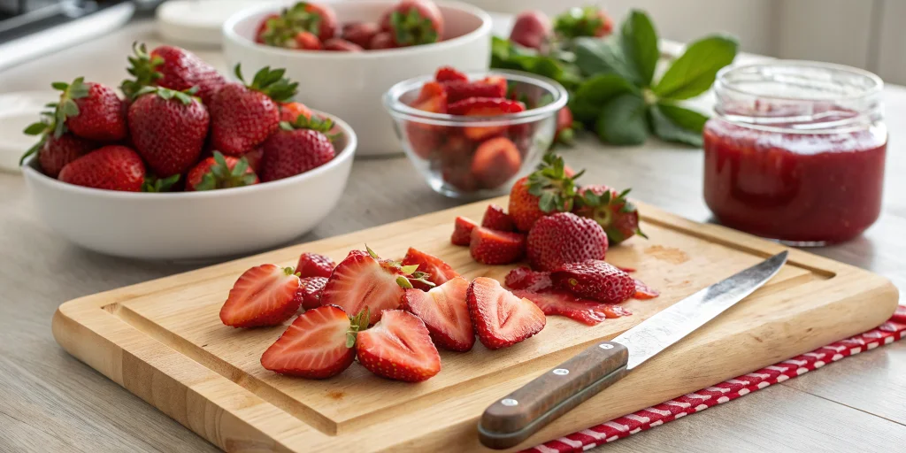 Fresh strawberries being prepared for jam making, some cut in halves, removing green tops, wooden cutting board, kitchen knif