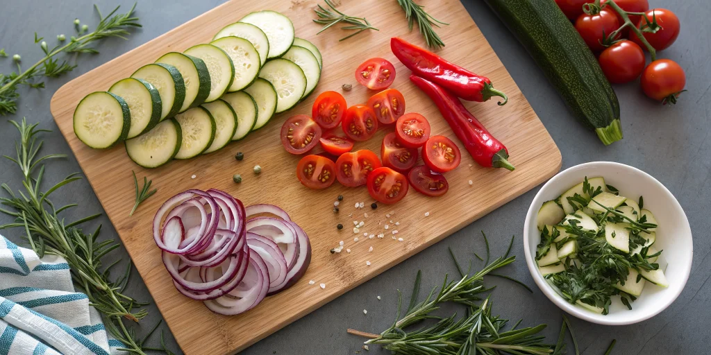 Fresh summer vegetables arranged for quiche preparation: sliced zucchini, halved cherry tomatoes, red pepper strips, and onio