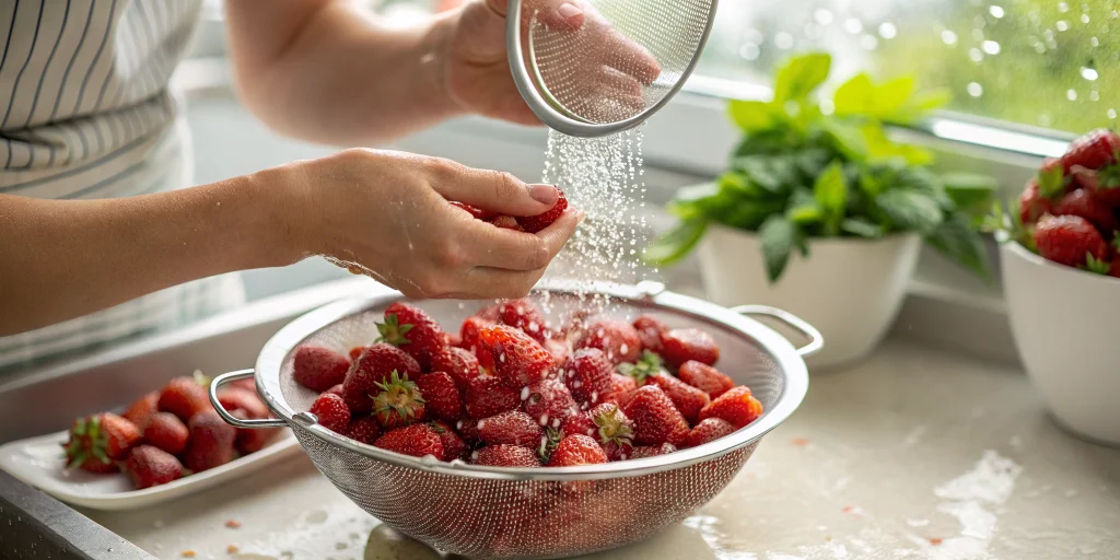 Fresh wild strawberries being gently cleaned and sorted in a fine mesh strainer, water droplets visible, hands carefully hand