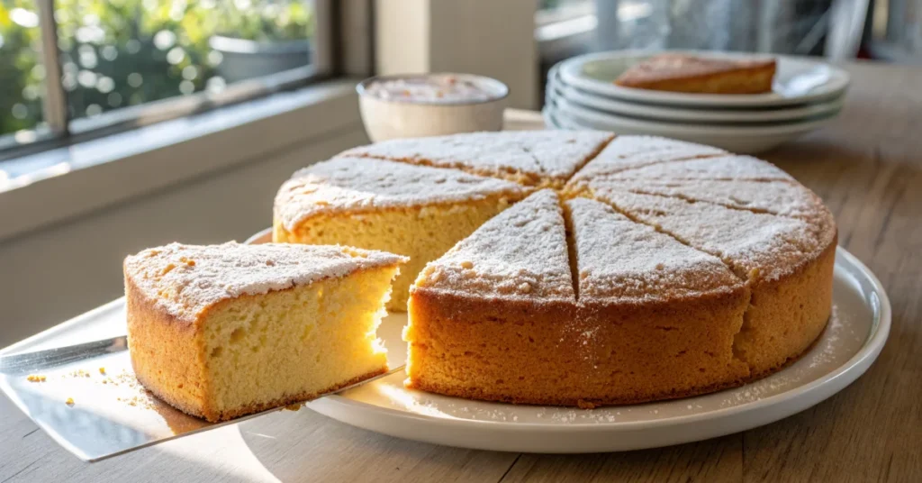Gluten-free sponge cake with powdered sugar on top, warm golden color, perfect bake, sliced portion on white plate, bakery st
