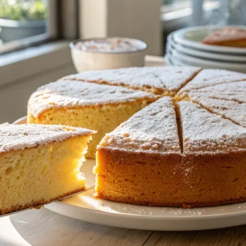 Gluten-free sponge cake with powdered sugar on top, warm golden color, perfect bake, sliced portion on white plate, bakery st