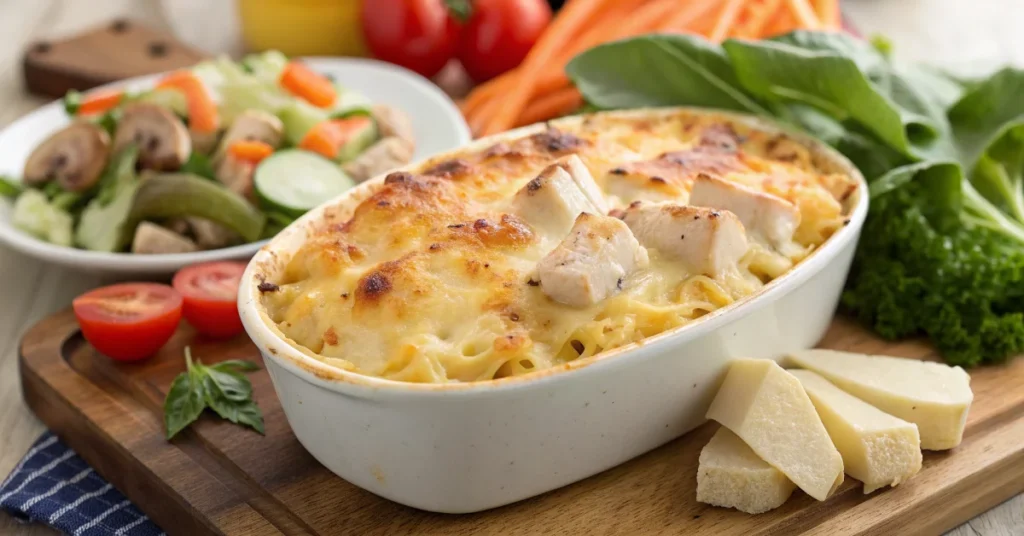 Golden baked pasta gratin with melted cheese crust, fresh vegetables and tender chicken pieces, steaming hot family dinner, a