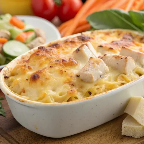 Golden baked pasta gratin with melted cheese crust, fresh vegetables and tender chicken pieces, steaming hot family dinner, a