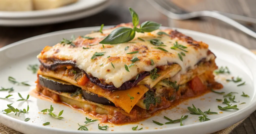 Golden baked vegetarian lasagna with melted mozzarella cheese, layered eggplant zucchini and butternut squash, fresh herbs ga