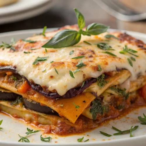 Golden baked vegetarian lasagna with melted mozzarella cheese, layered eggplant zucchini and butternut squash, fresh herbs ga