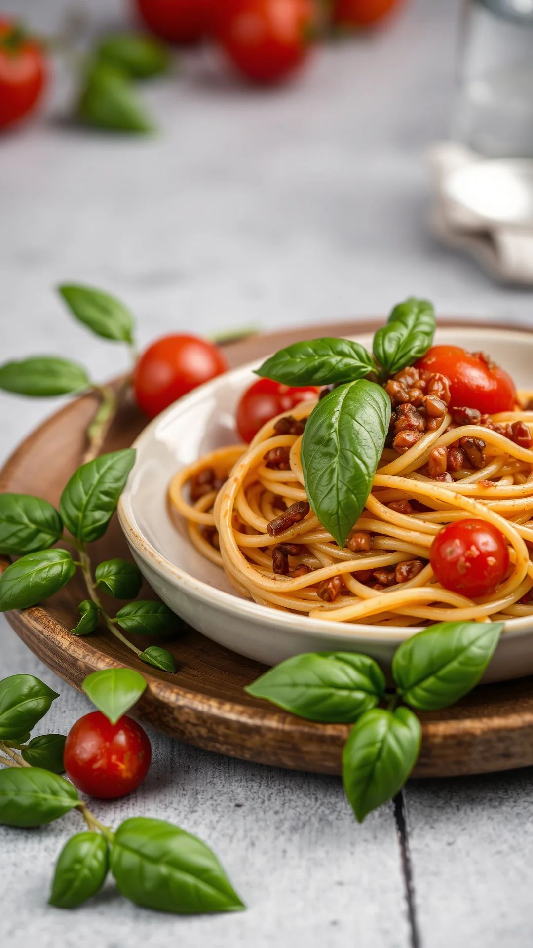 Golden brown pasta with red lentils cherry tomatoes fresh basil Italian cuisine vegetarian plate