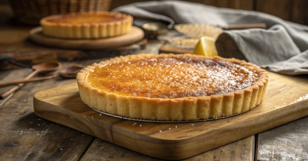 Golden butter shortbread cake with caramelized sugar crust on rustic wooden surface, traditional French homemade pastry, warm