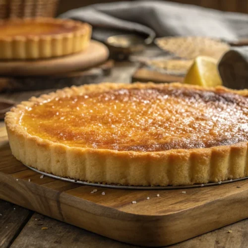 Golden butter shortbread cake with caramelized sugar crust on rustic wooden surface, traditional French homemade pastry, warm