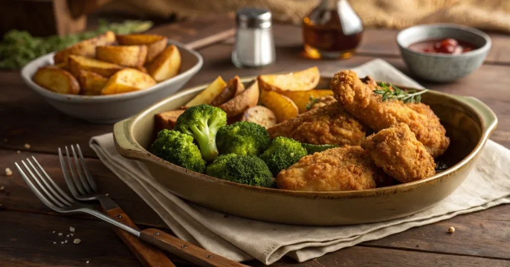Golden crispy air fryer dinner with chicken pieces, roasted potatoes and broccoli florets, professional food photography, war