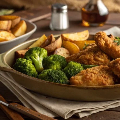 Golden crispy air fryer dinner with chicken pieces, roasted potatoes and broccoli florets, professional food photography, war