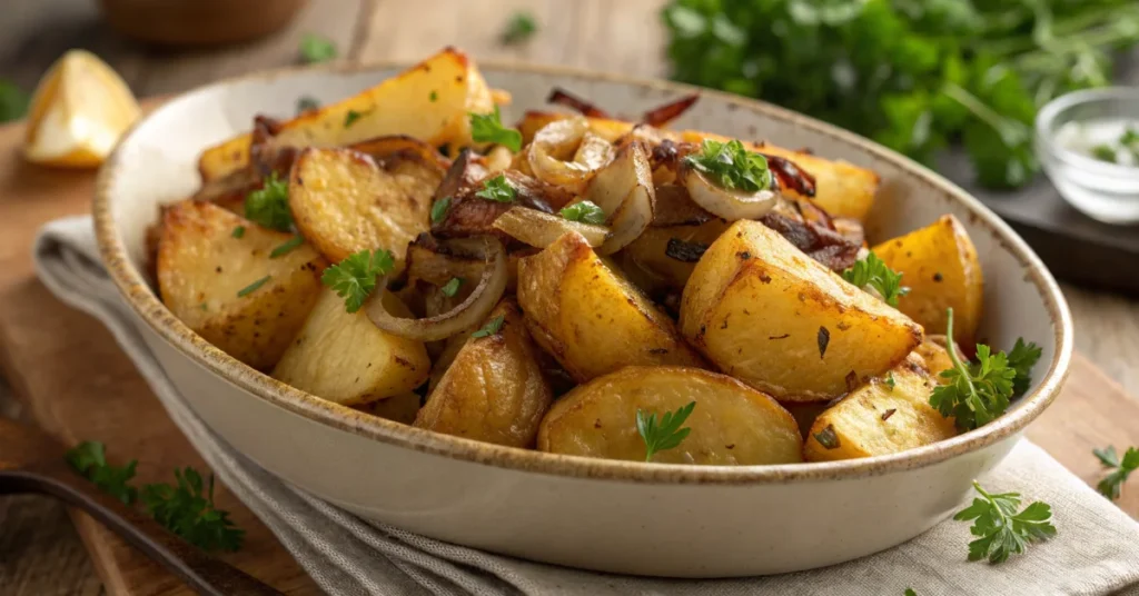 Golden crispy roasted potatoes with caramelized onions and fresh parsley, aromatic dinner dish, professional food photography