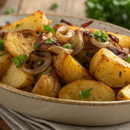 Golden crispy roasted potatoes with caramelized onions and fresh parsley, aromatic dinner dish, professional food photography