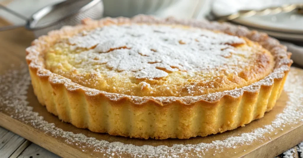 Golden homemade sablé cake with crispy texture, fresh from oven, dusted with powdered sugar, traditional French pastry, appe