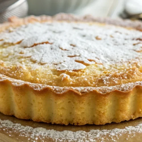 Golden homemade sablé cake with crispy texture, fresh from oven, dusted with powdered sugar, traditional French pastry, appe