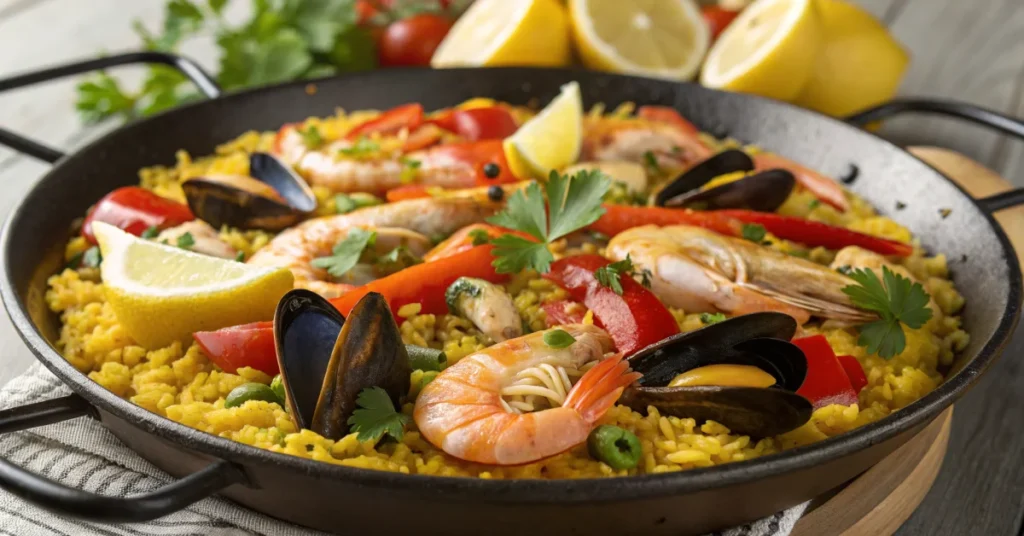Golden paella with saffron rice, fresh mussels, shrimp, chicken, colorful peppers and tomatoes in traditional pan, garnished