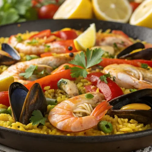 Golden paella with saffron rice, fresh mussels, shrimp, chicken, colorful peppers and tomatoes in traditional pan, garnished