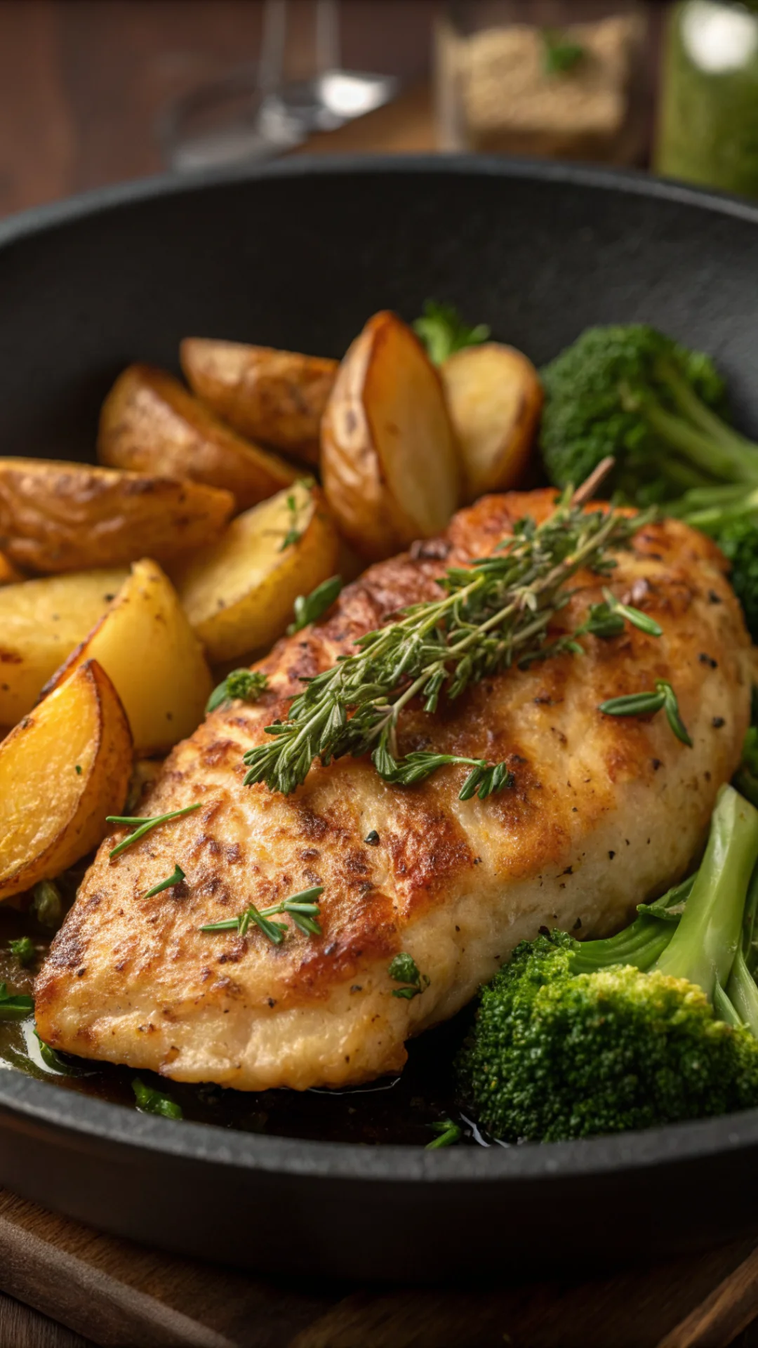 Golden roasted chicken escalope with herbs, crispy potatoes and tender broccoli, close-up gourmet food styling, warm lighting