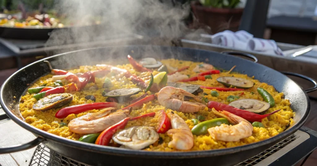 Golden saffron paella with seafood, chicken, vibrant peppers, steaming hot served in traditional paella pan for 20 people cel