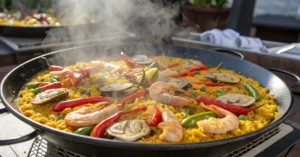 Golden saffron paella with seafood, chicken, vibrant peppers, steaming hot served in traditional paella pan for 20 people cel