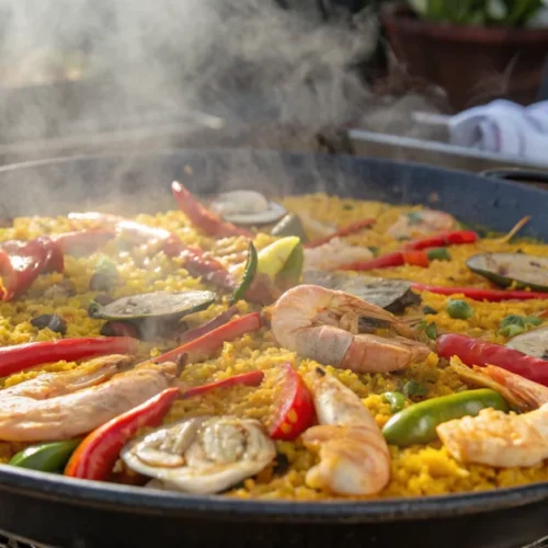 Golden saffron paella with seafood, chicken, vibrant peppers, steaming hot served in traditional paella pan for 20 people cel