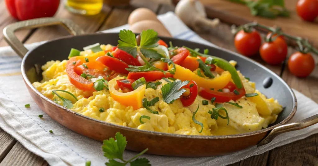 Golden scrambled eggs with fresh vegetables, melted cheese, colorful bell peppers, tomatoes, and herbs in a rustic pan, profe