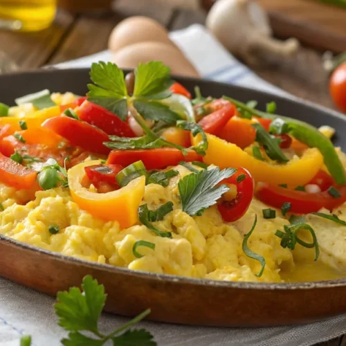 Golden scrambled eggs with fresh vegetables, melted cheese, colorful bell peppers, tomatoes, and herbs in a rustic pan, profe
