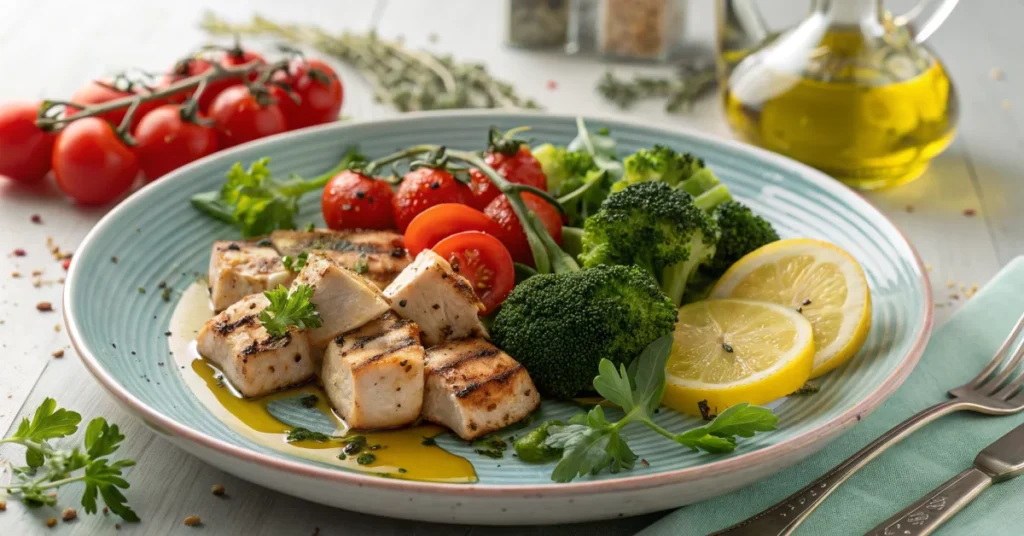 Healthy dinner plate with grilled chicken cubes, fresh broccoli, cherry tomatoes, lemon garnish, olive oil drizzle, fresh her