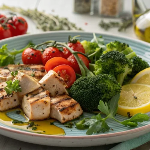 Healthy dinner plate with grilled chicken cubes, fresh broccoli, cherry tomatoes, lemon garnish, olive oil drizzle, fresh her