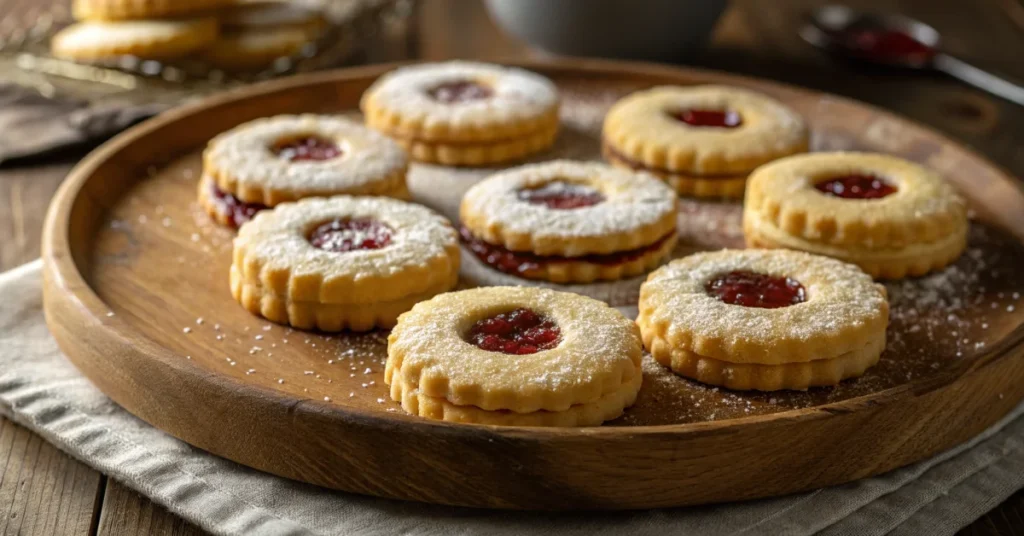 Homemade French butter shortbread cookies with jam filling arranged on rustic wooden plate, golden baked sablés dusted with