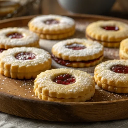 Homemade French butter shortbread cookies with jam filling arranged on rustic wooden plate, golden baked sablés dusted with