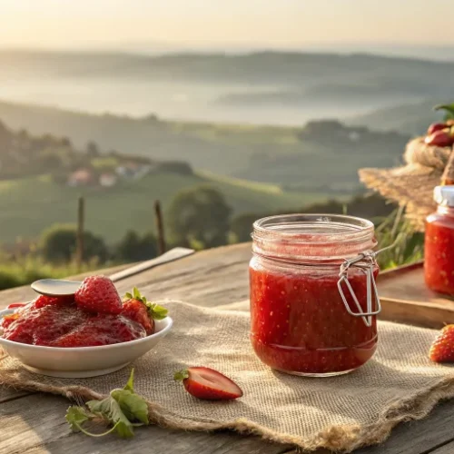 Homemade strawberry jam in glass jars on rustic wooden table, bright red color, fresh strawberries scattered around, golden m
