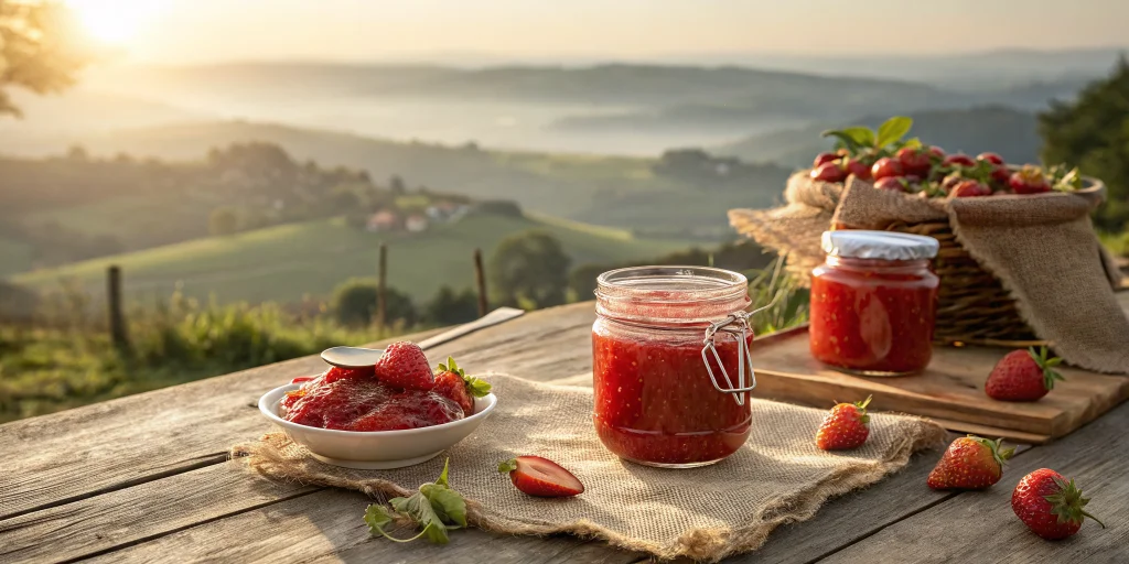 Homemade strawberry jam in glass jars on rustic wooden table, bright red color, fresh strawberries scattered around, golden m