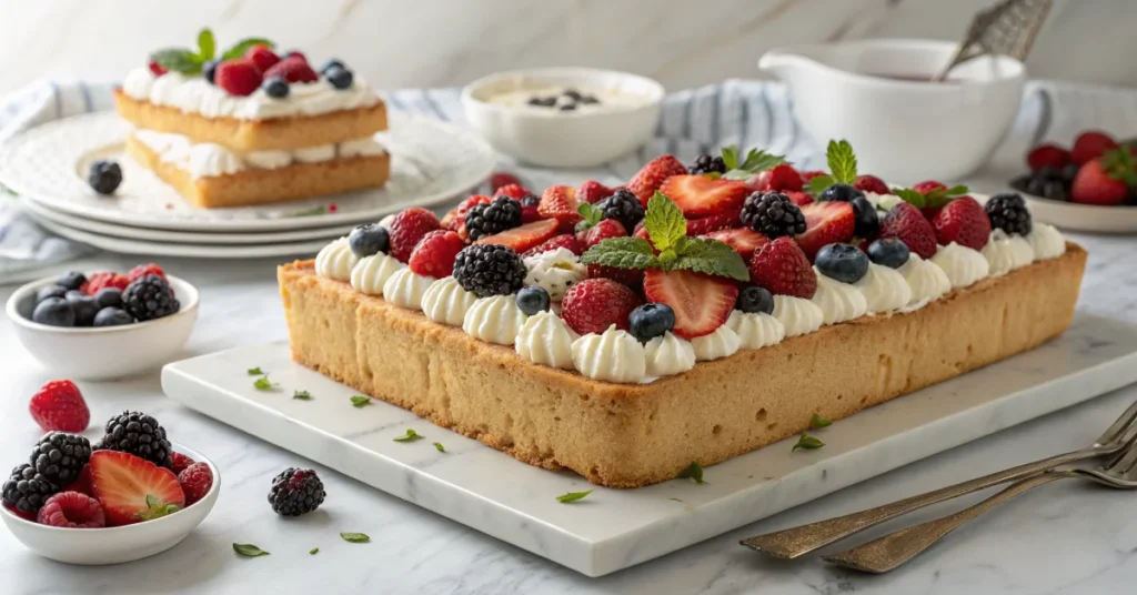 Large homemade giant shortbread cake decorated with fresh berries, whipped cream, and elegant garnish on white marble table,